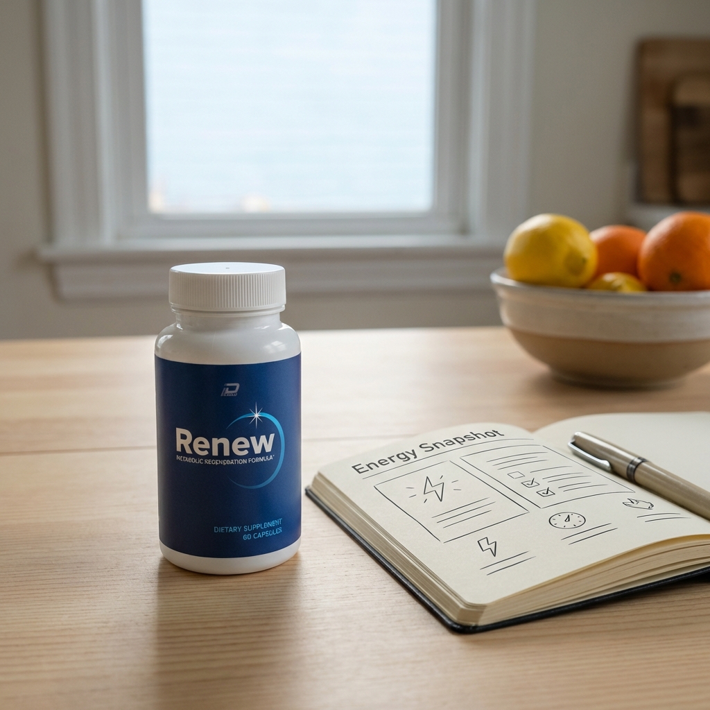 Renew bottle beside open notebook in morning light
