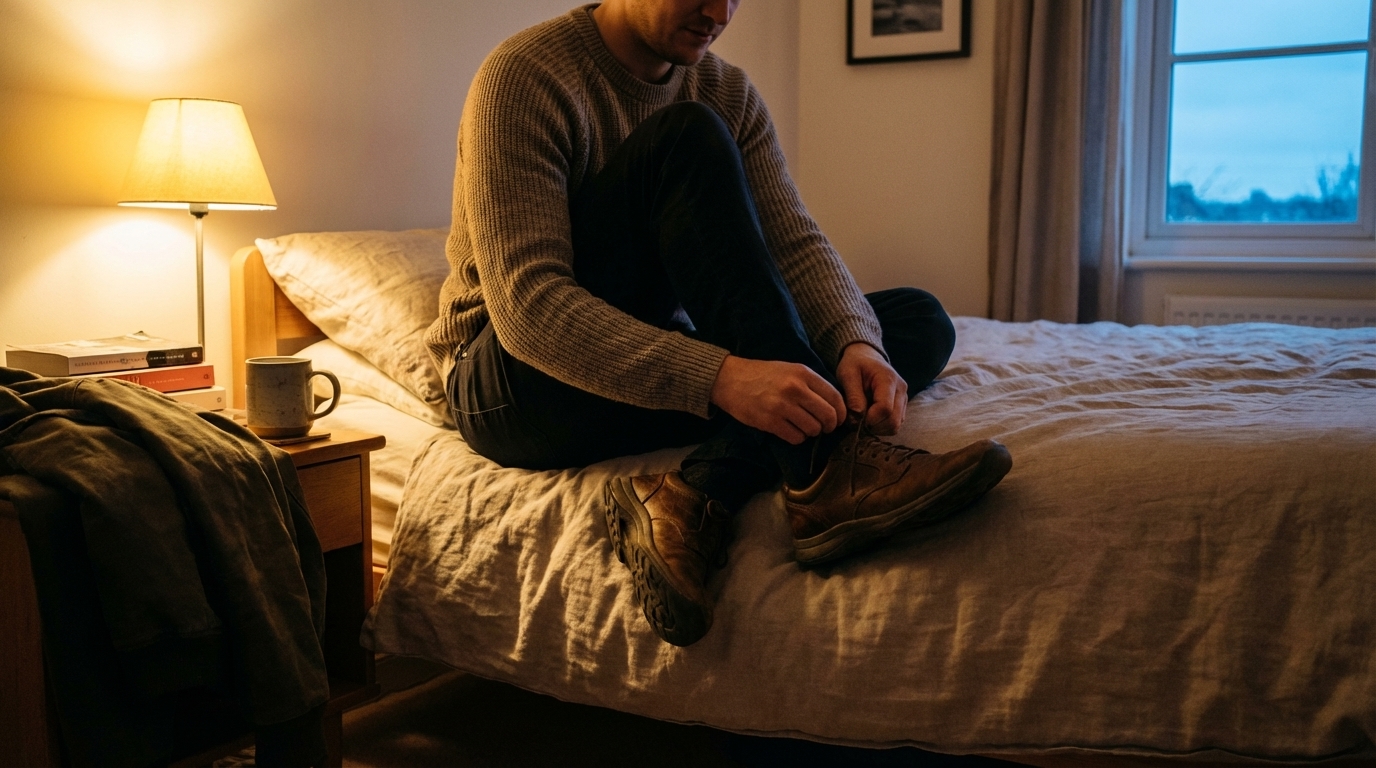 Person tying shoes in a softly lit room