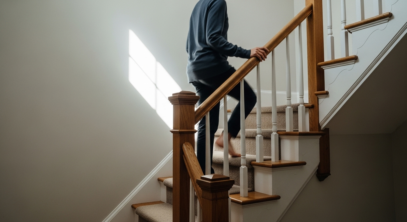 Person climbing sunlit stairs with a relaxed hand on the banister