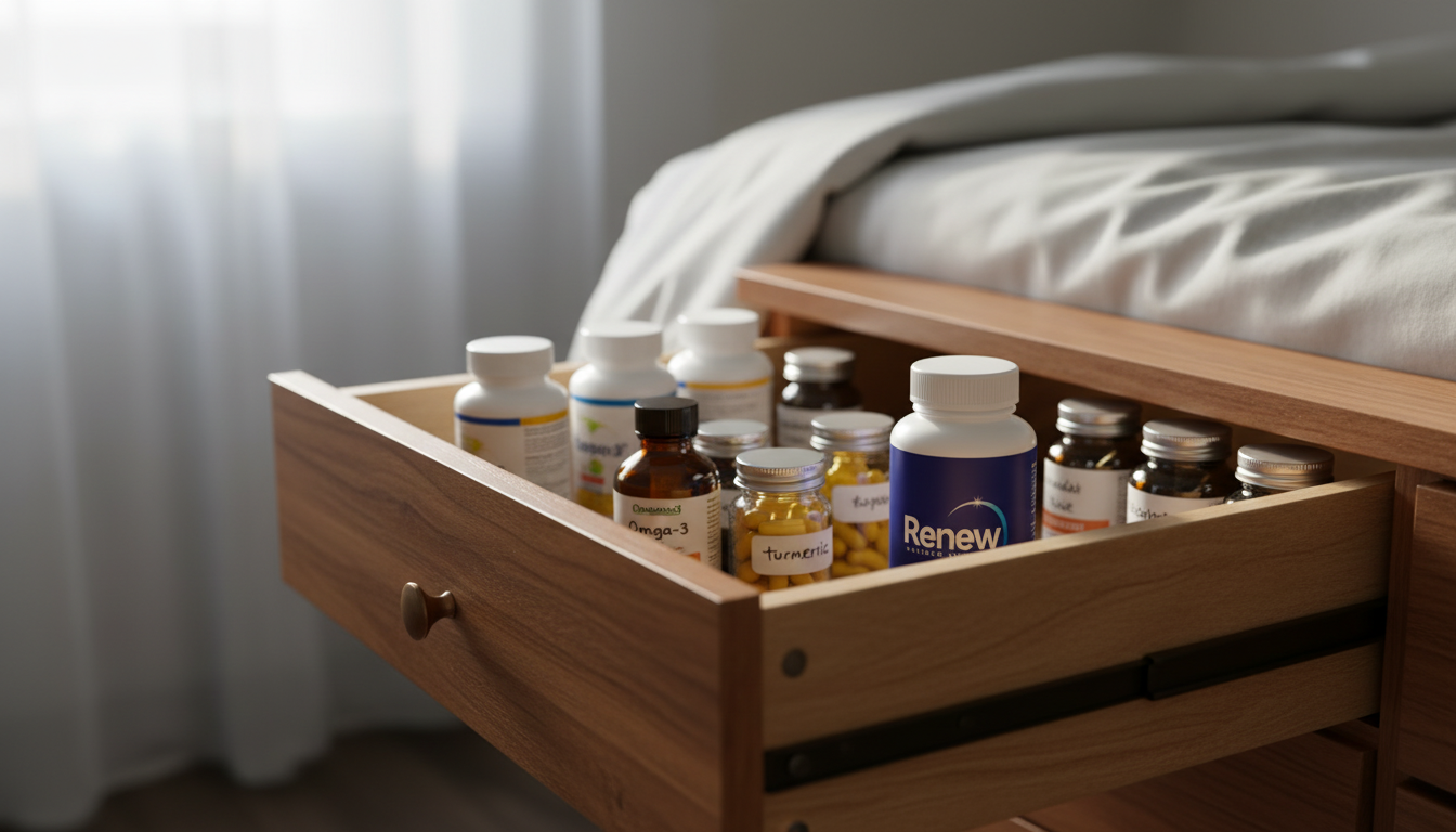 Open drawer with neatly organized supplements, including Renew