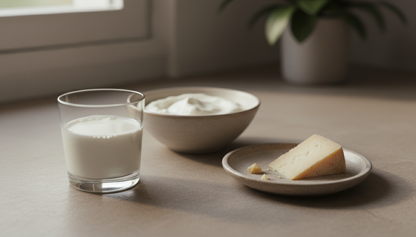 Small serving of yogurt, cheese, and milk in natural window light.