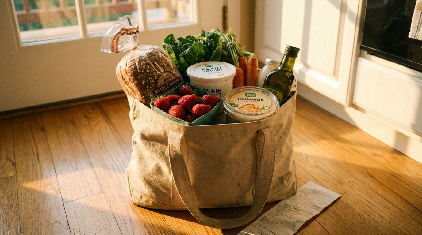 Grocery bag with simple whole foods and snacks