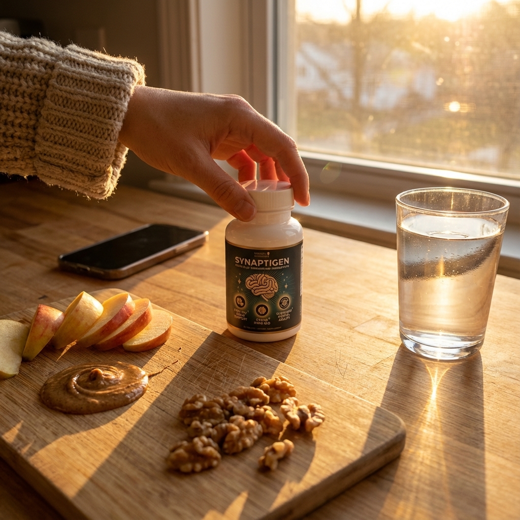 Synaptigen supplement beside a balanced snack for smooth, consistent focus
