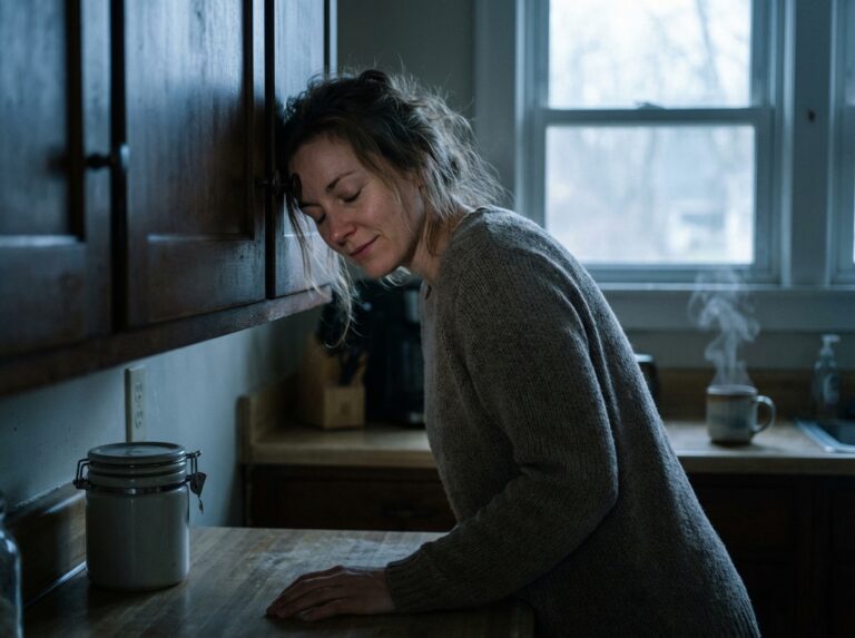 Woman in quiet dawn kitchen pausing beside an unopened jar
