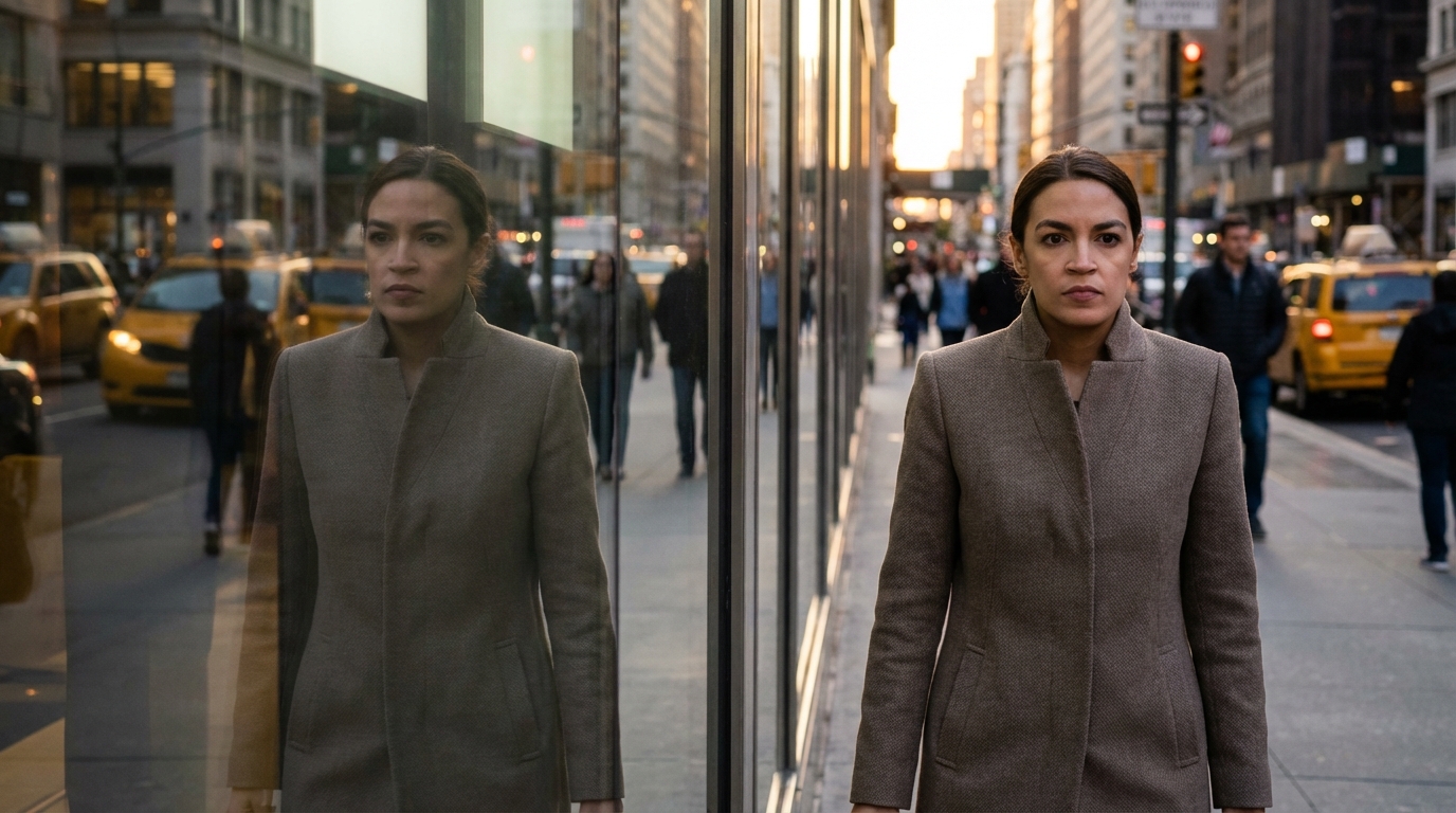 Woman walking past reflections looking tense
