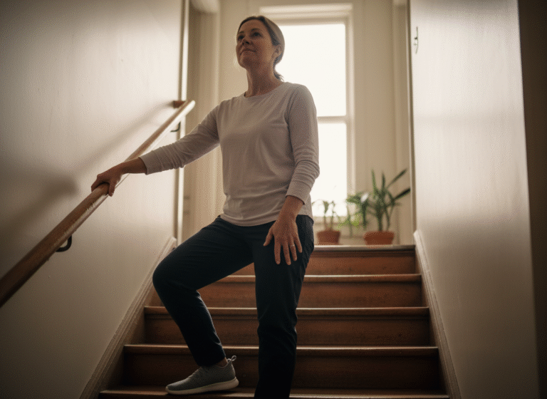 Person pauses on a stairwell in soft daylight, feeling their legs slowly recover.