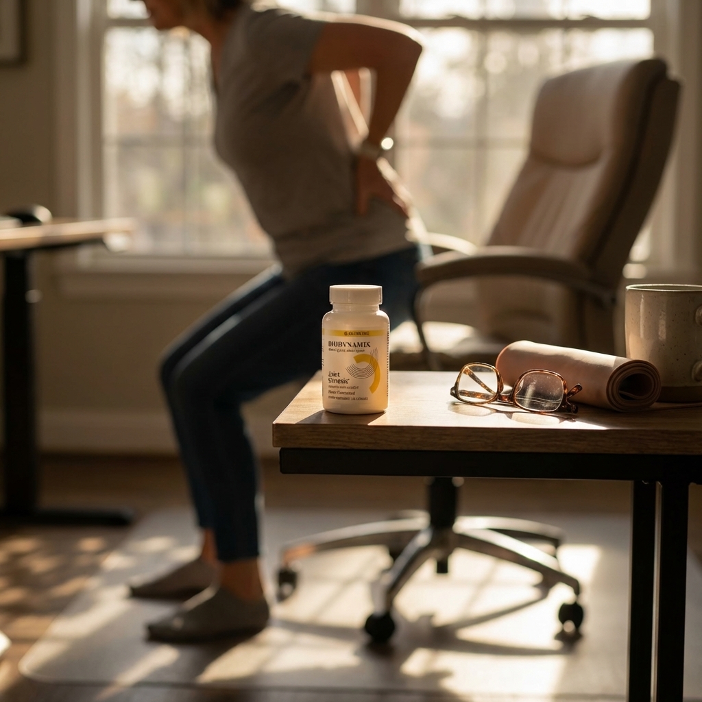 Joint comfort supplement bottle beside a chair in natural afternoon light