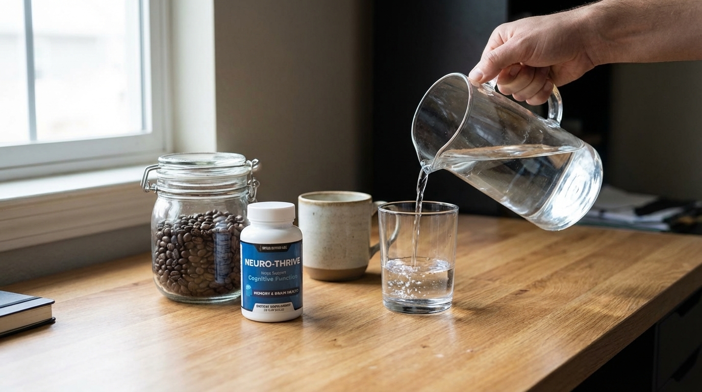 Neuro-Thrive bottle beside water glass in a simple morning routine