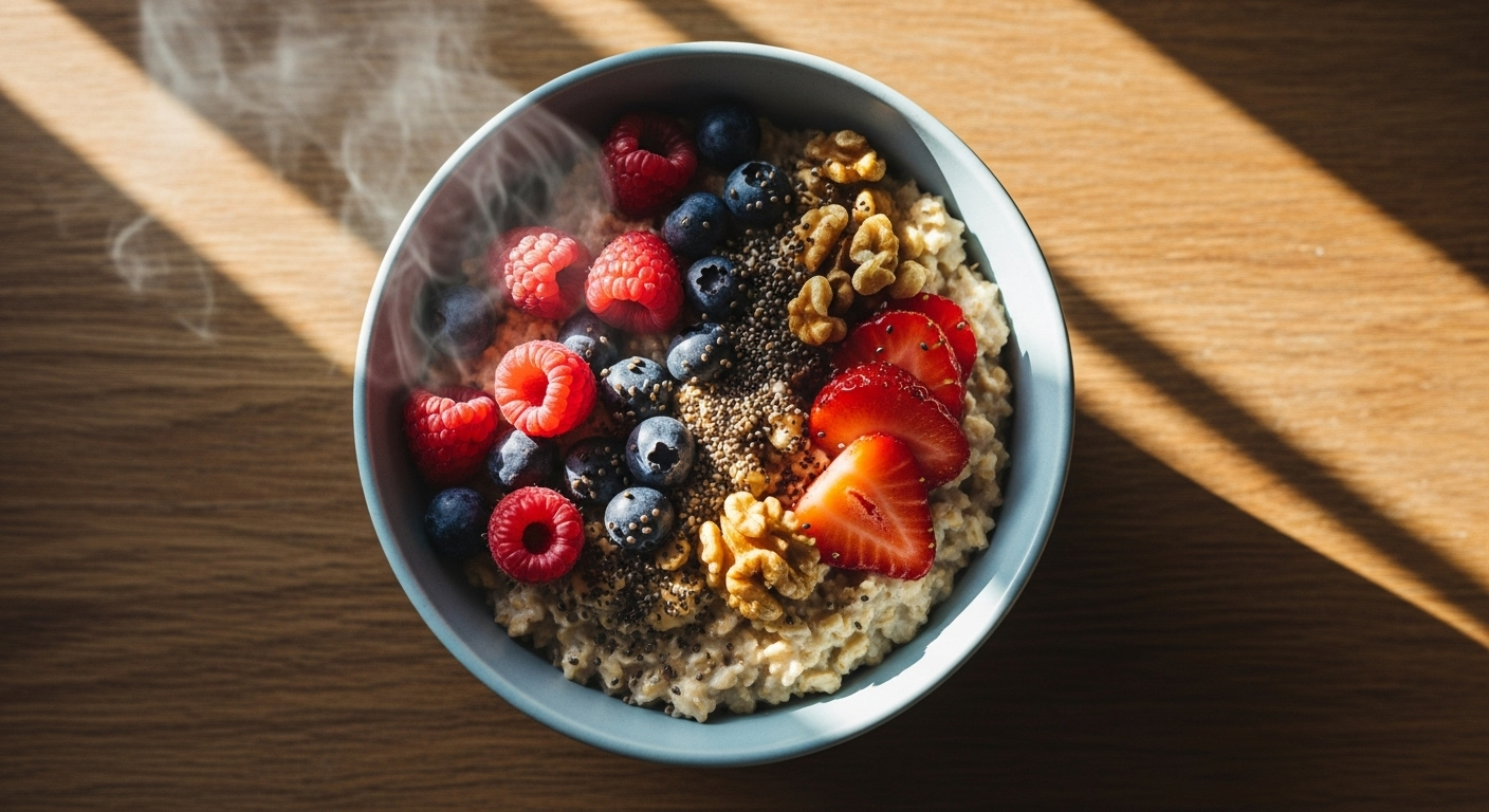 Oatmeal with berries in morning sun