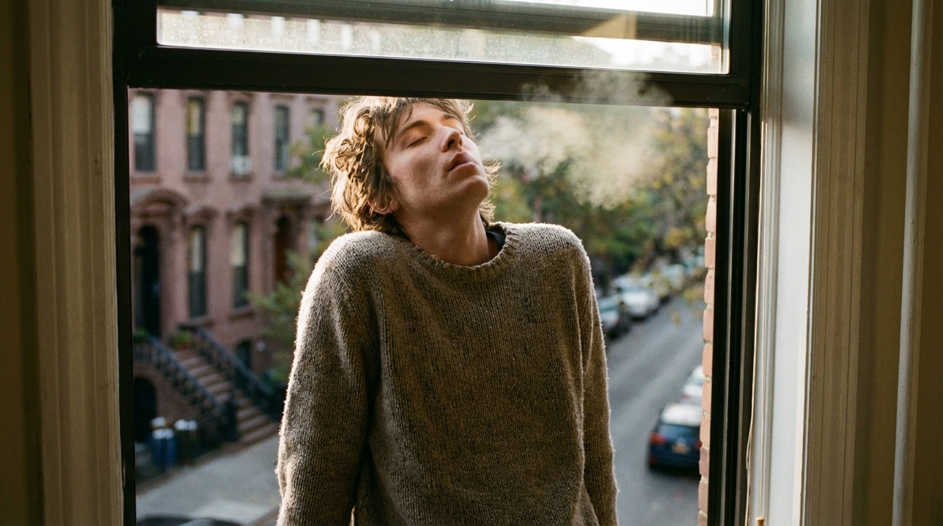 Person exhaling by open window in daylight