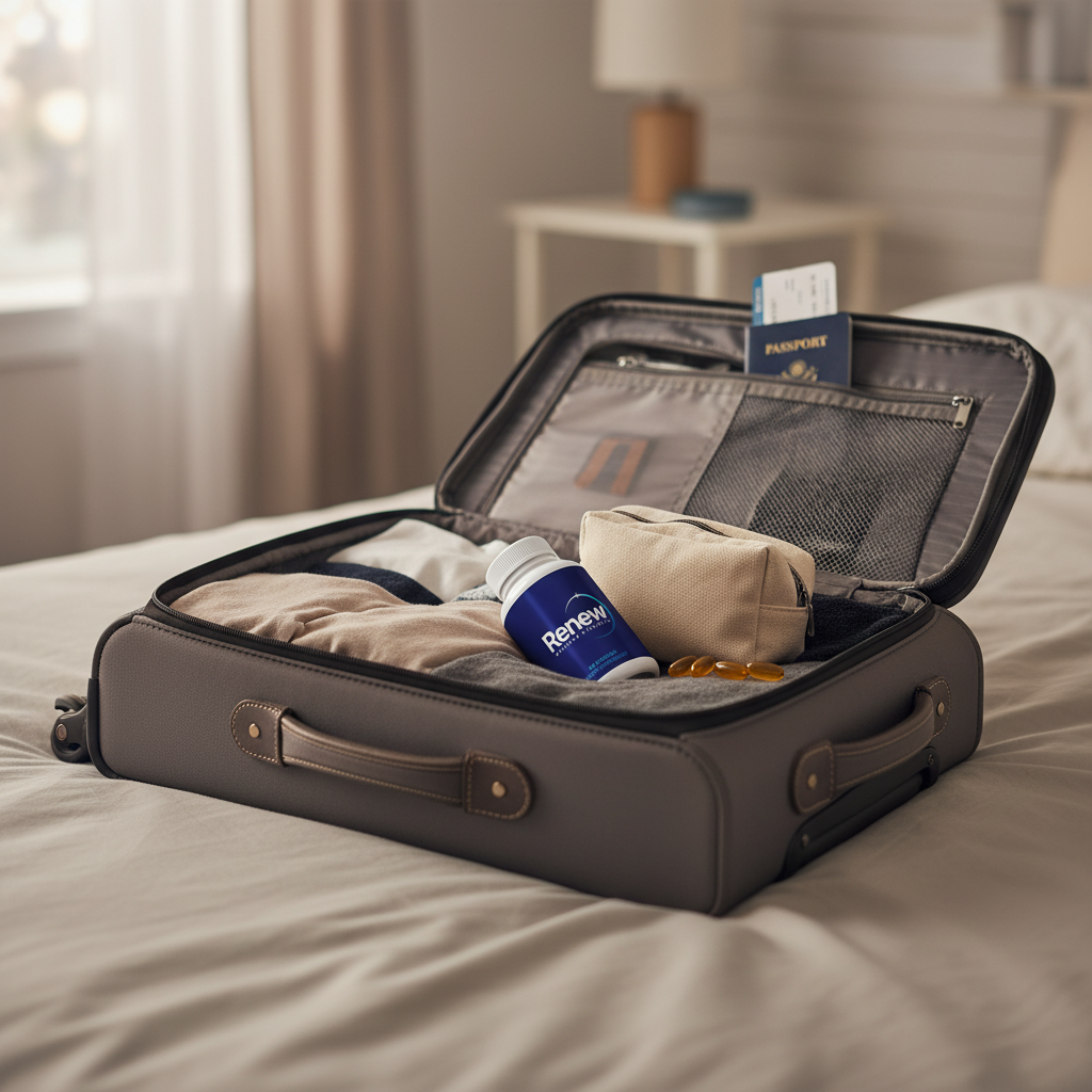 Open suitcase with passport and Renew bottle in a travel pouch