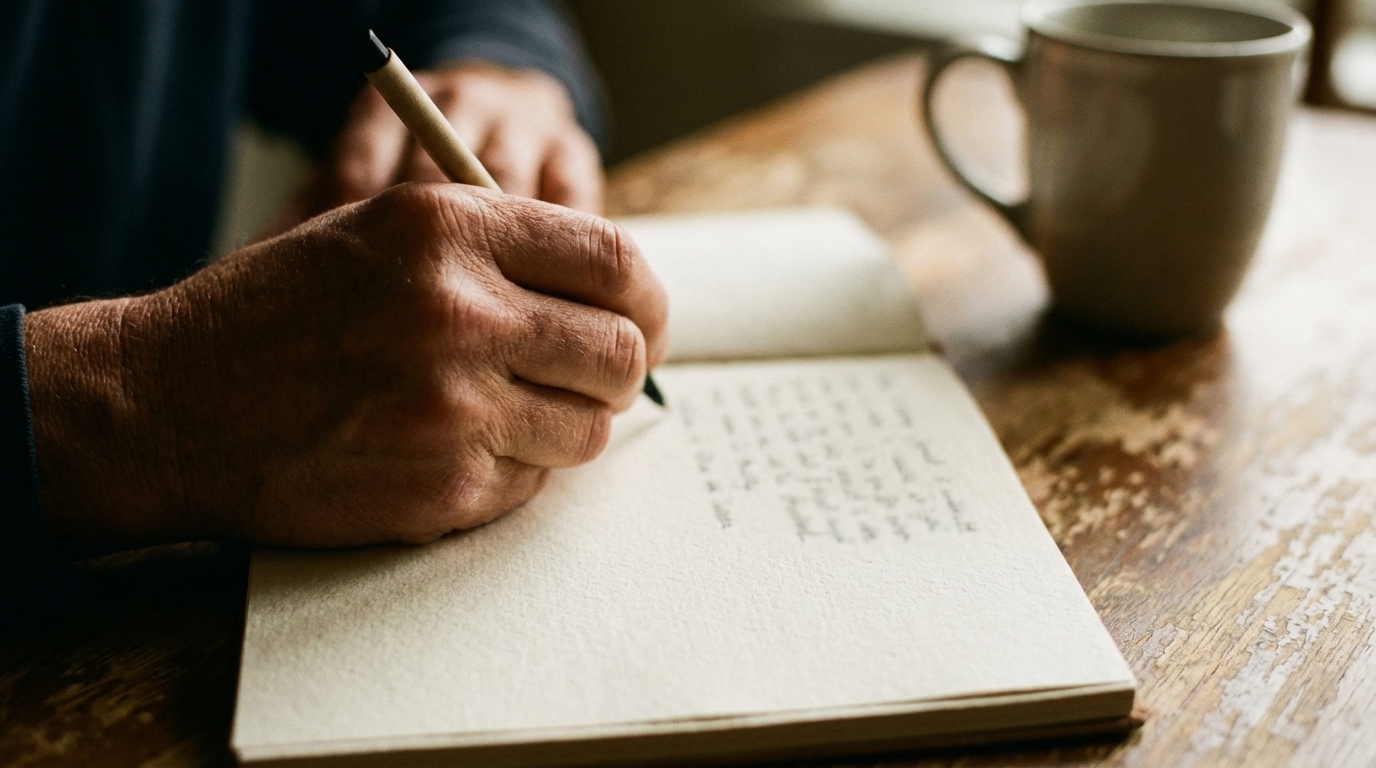 Hands writing in a notebook in warm light