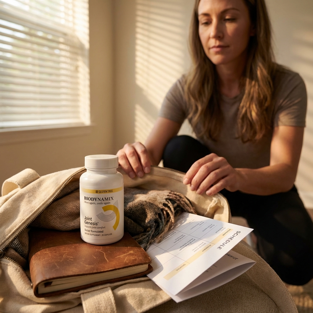 Joint Genesis bottle in a tote routine kit with warm afternoon light