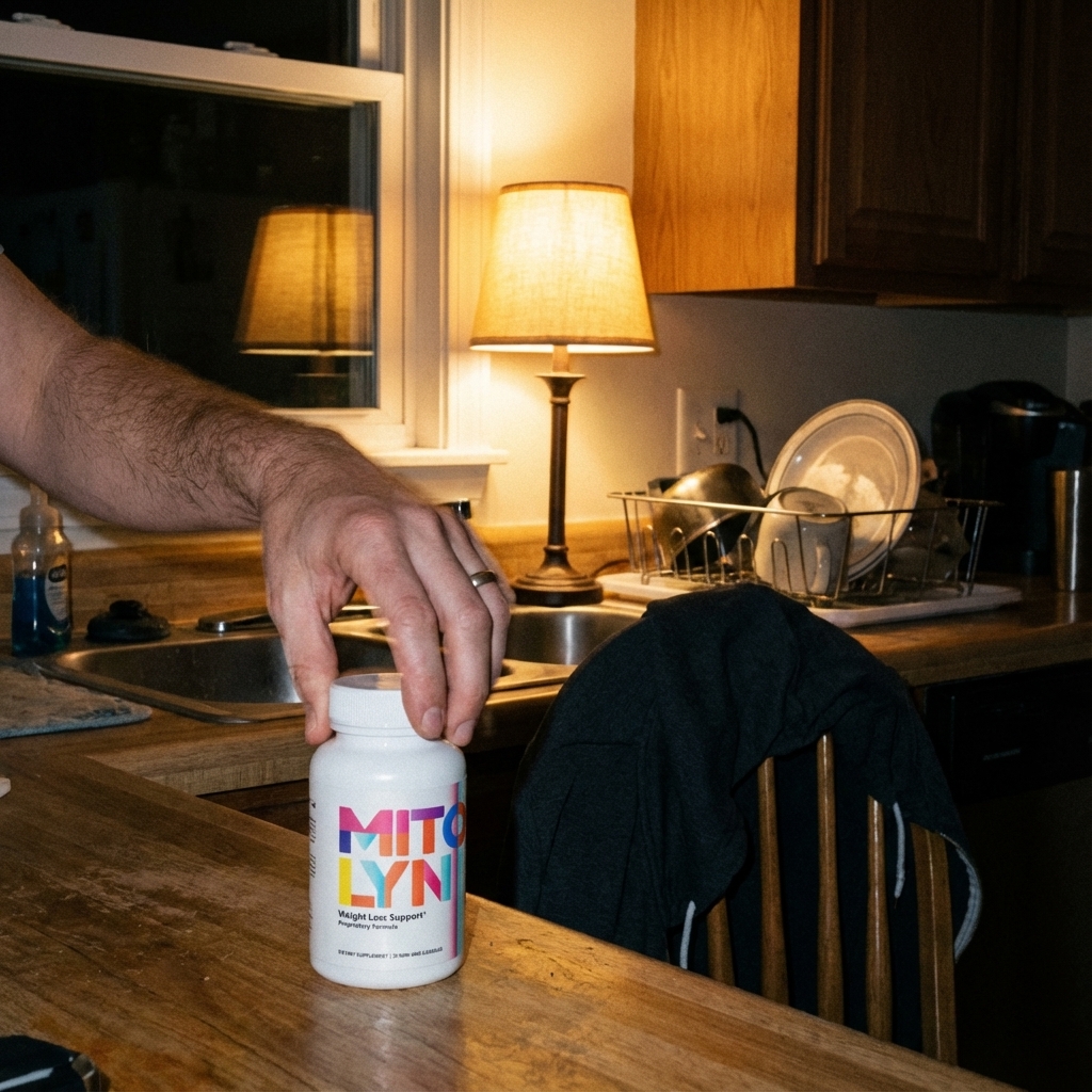 Hand opening Mitolyn bottle under warm lamp at night