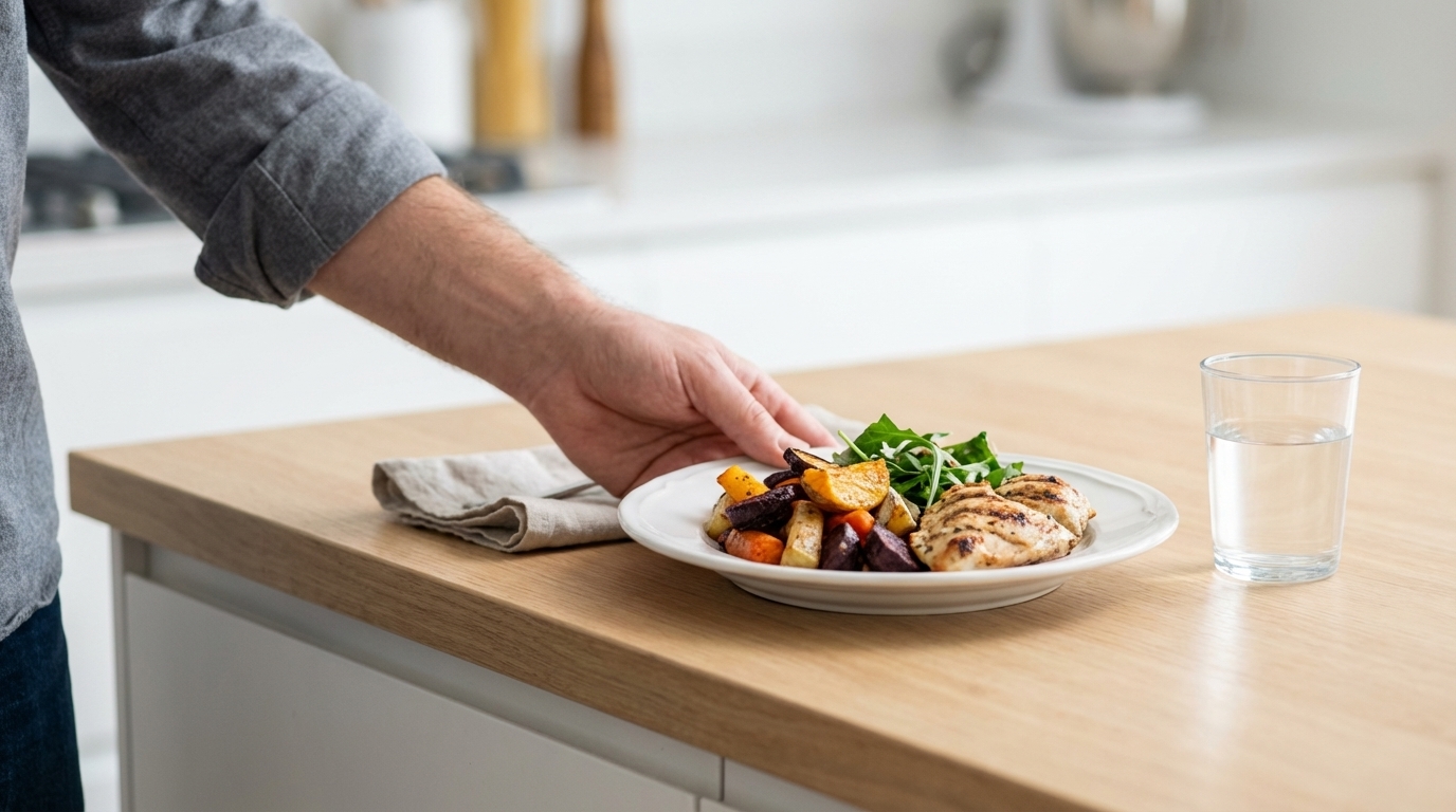 Simple balanced meal on a kitchen counter in bright natural light