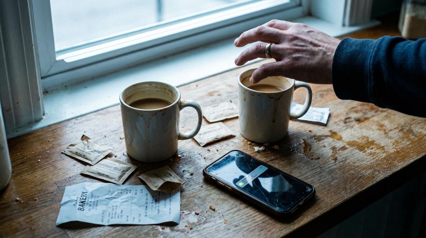 Two coffee cups and sugar packets on counter