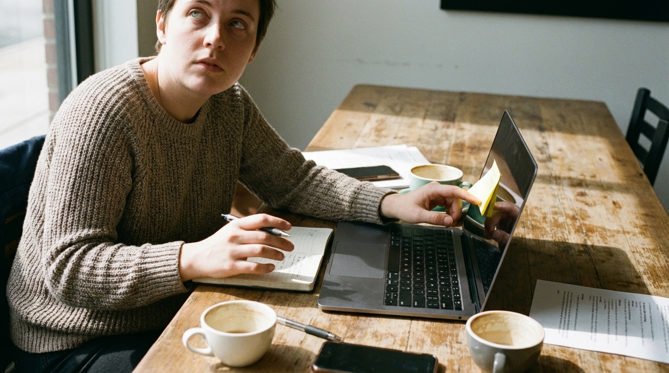 Person paused at laptop with pen in hand