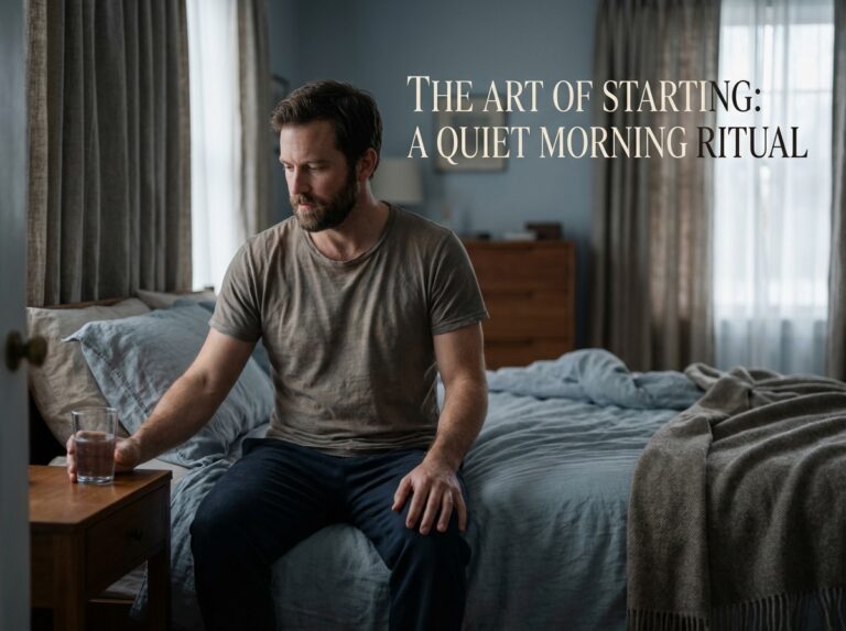 Calm morning moment sitting on bed in soft window light