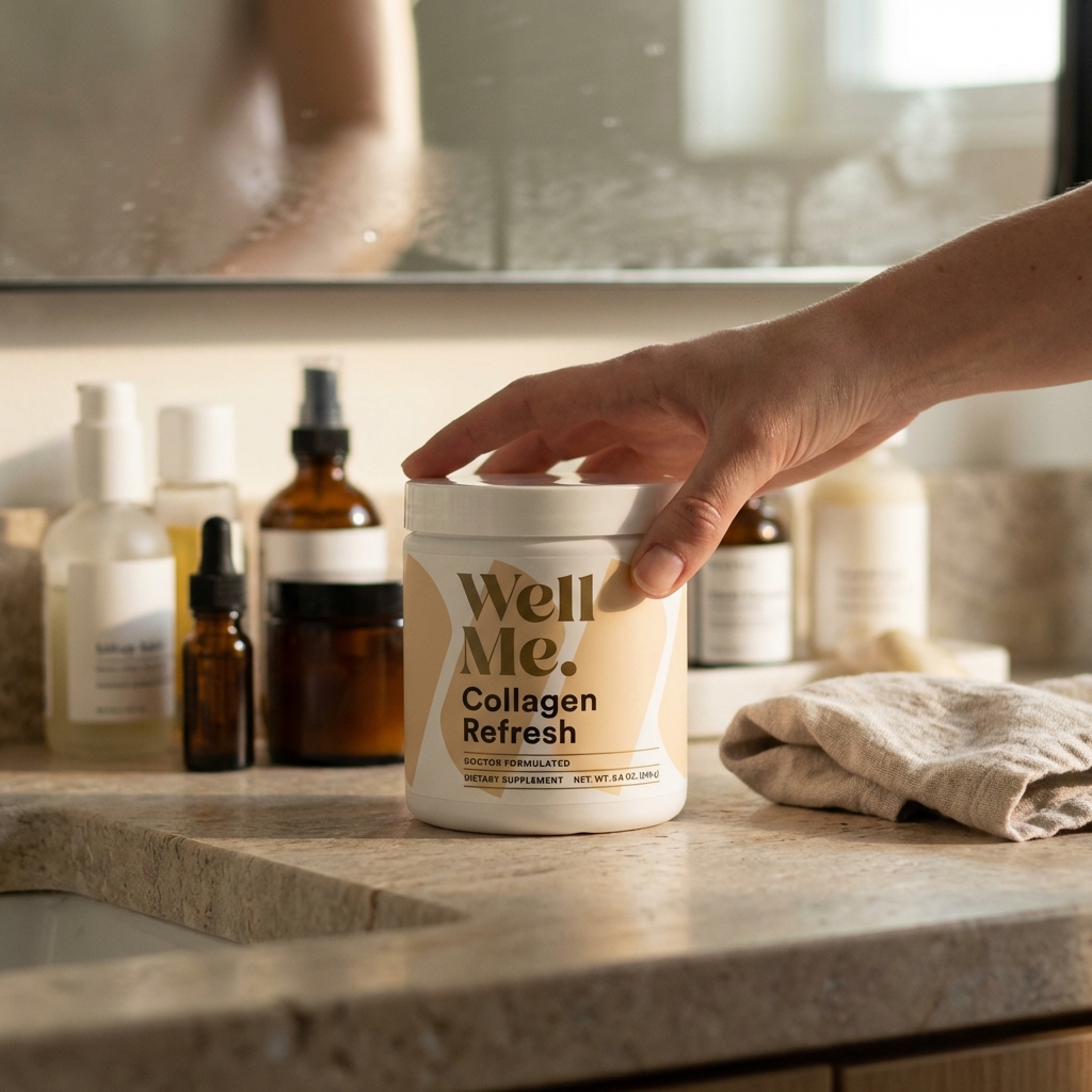 Collagen Refresh tub in focus on bathroom counter