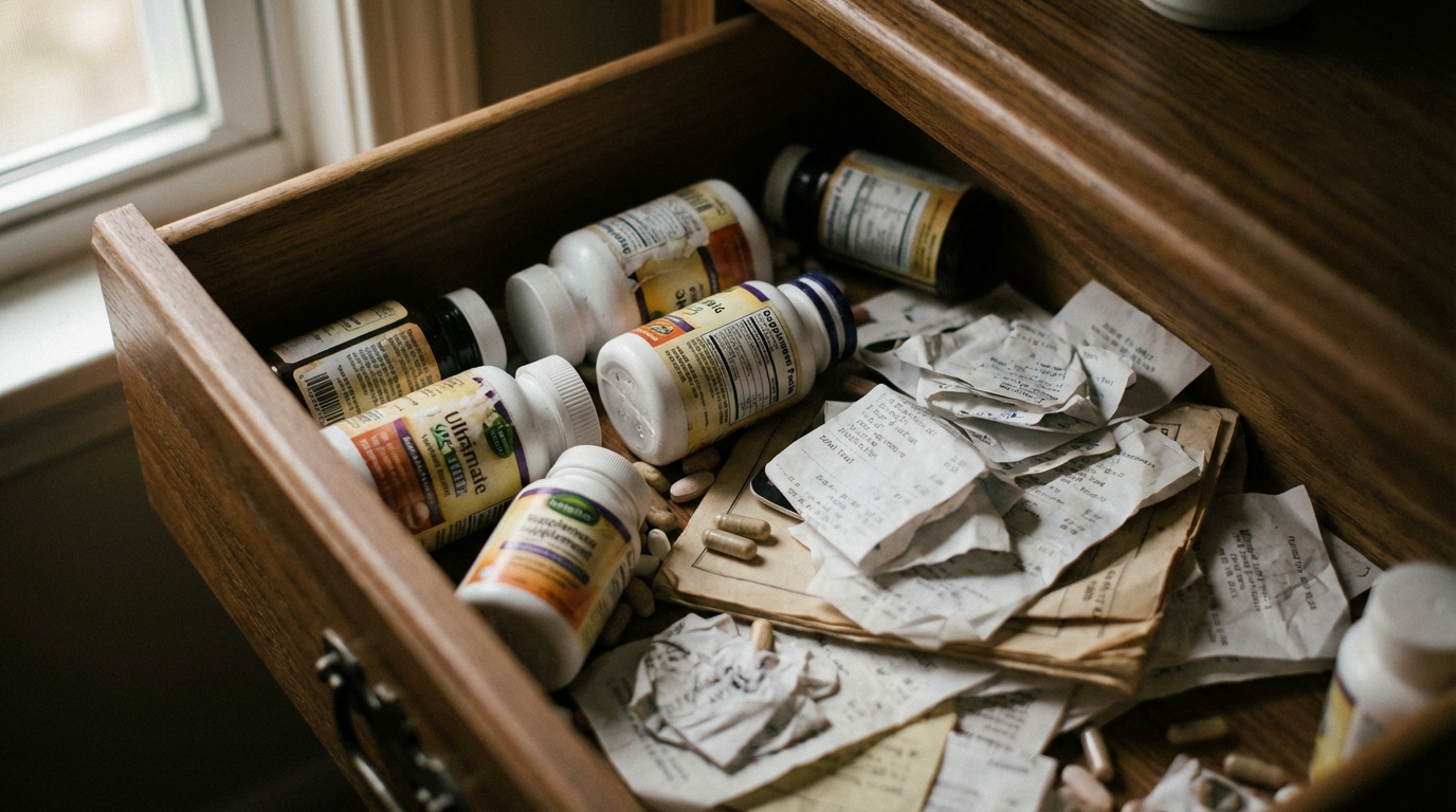 Open drawer with scattered bottles and receipts in soft light