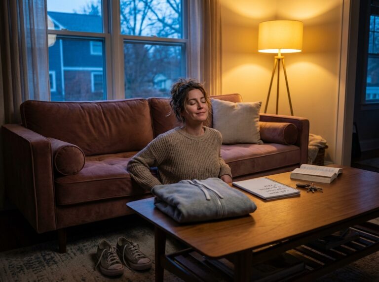 Tired woman relaxing on couch at dusk