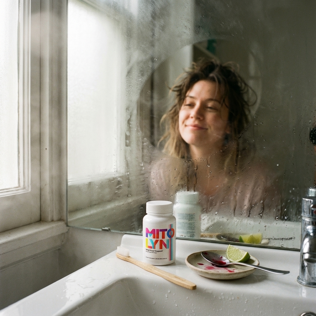 Mitolyn on a sink beside everyday morning items in soft light
