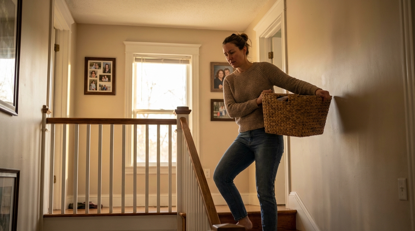 Midlife woman pausing on stairs holding laundry basket
