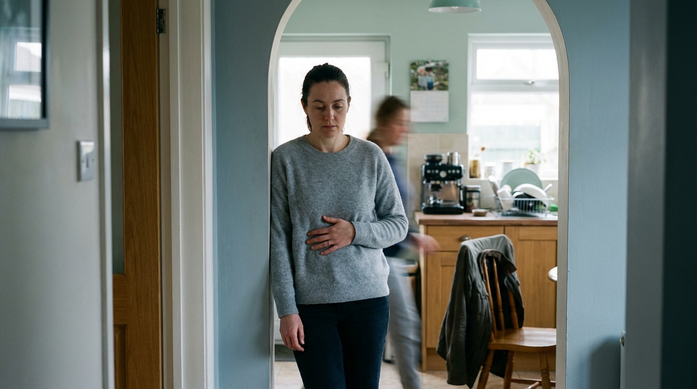 Woman pausing with hand on upper belly
