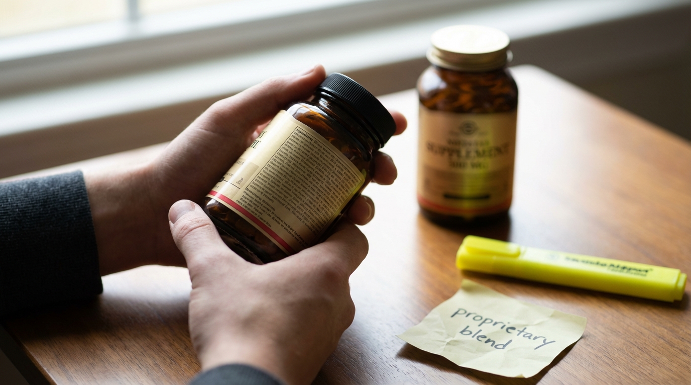 Hands flipping a supplement bottle to the ingredients panel
