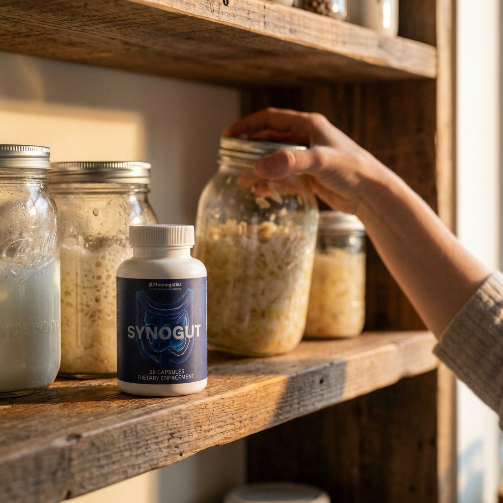 SynoGut jar in focus on shelf with fermentation jars blurred behind