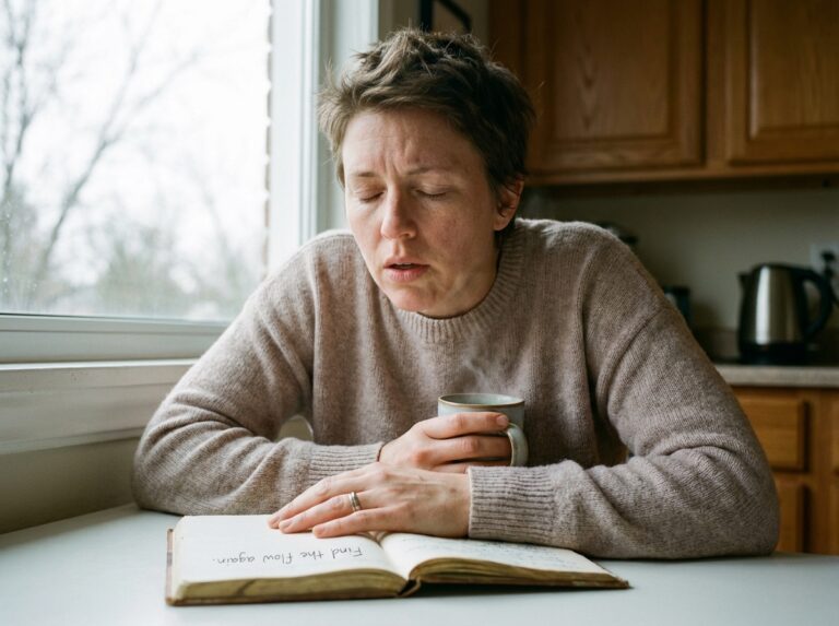 Person in soft morning light exhaling with calm clarity returning