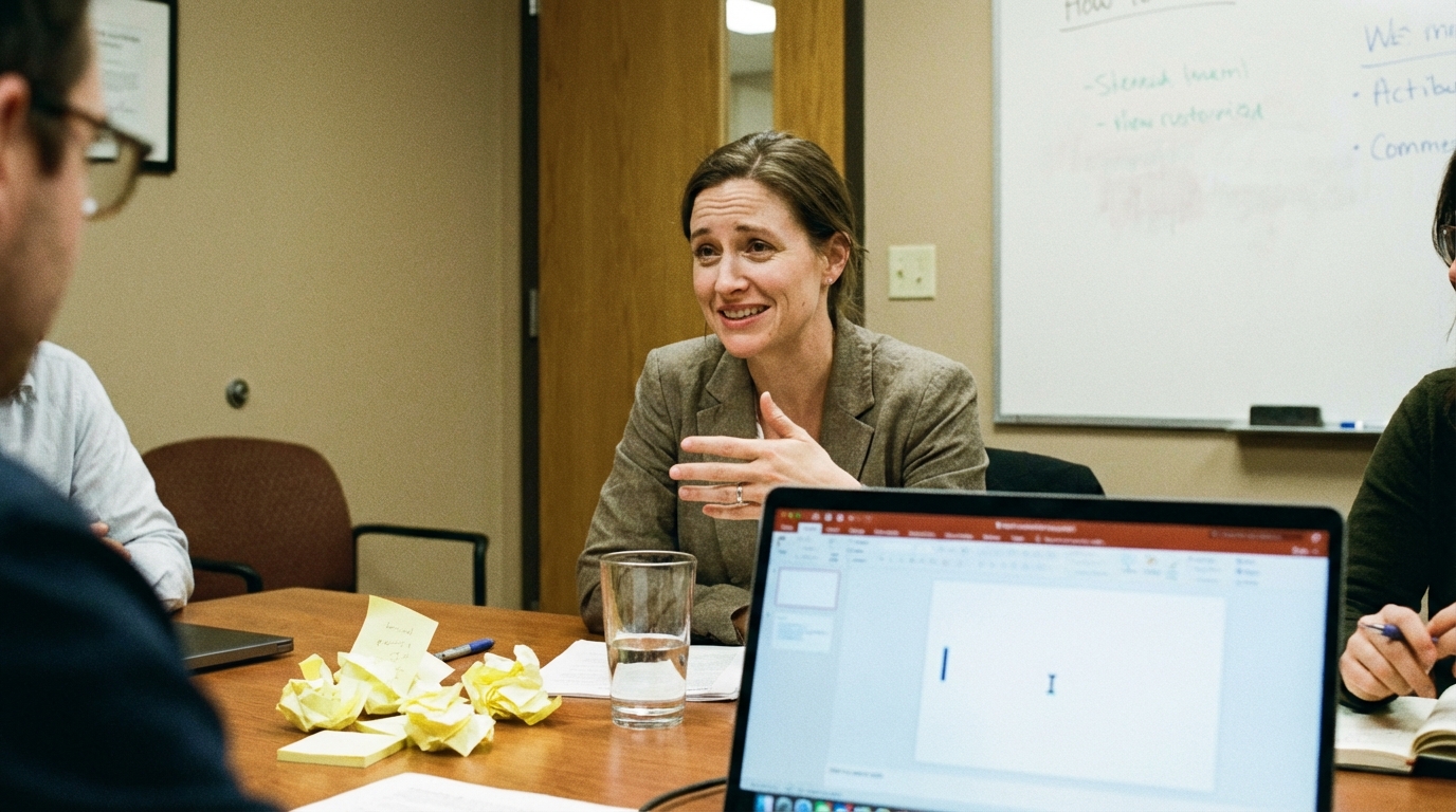 Meeting table scene showing the stress of losing focus mid-thought