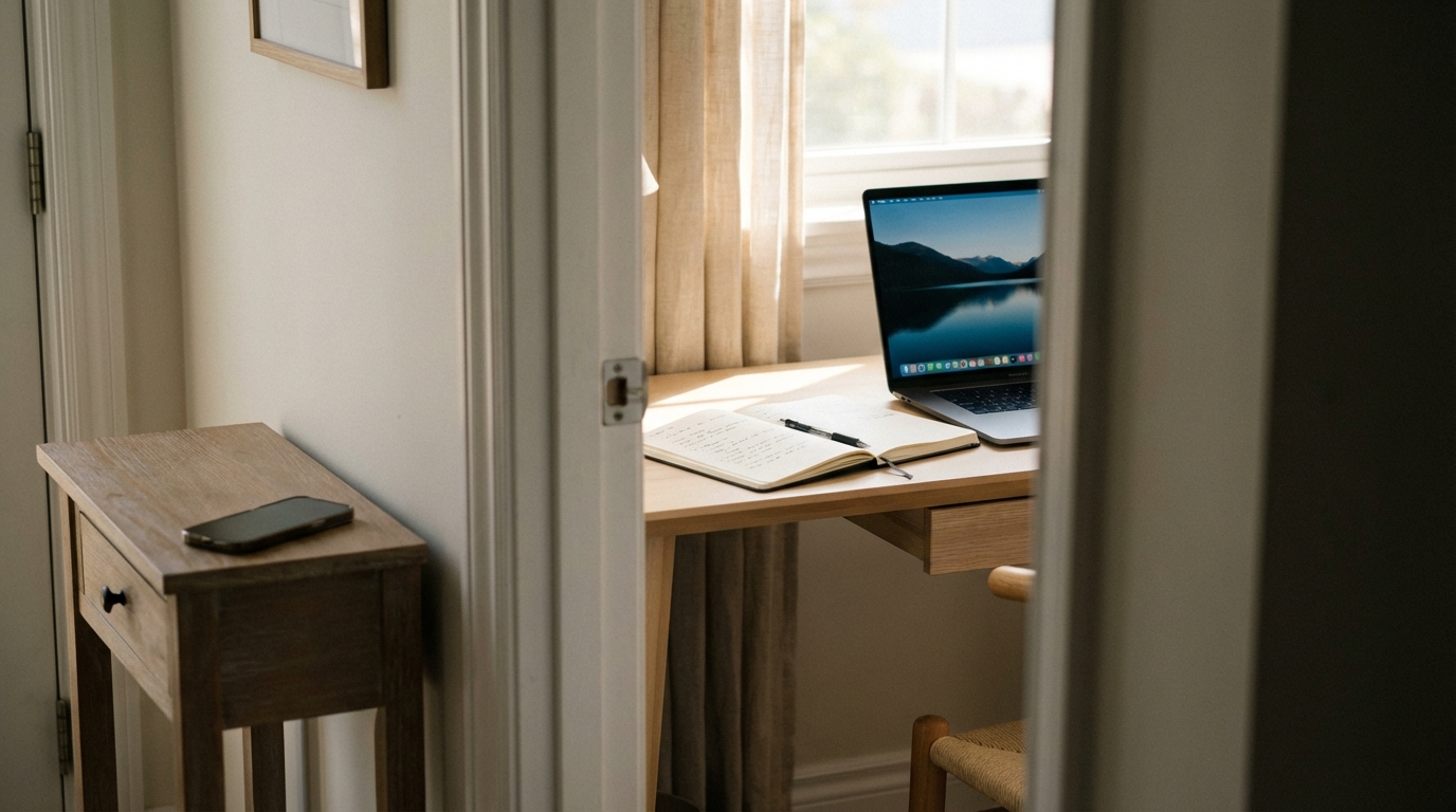 Phone left outside a room while a clean desk workspace is in focus
