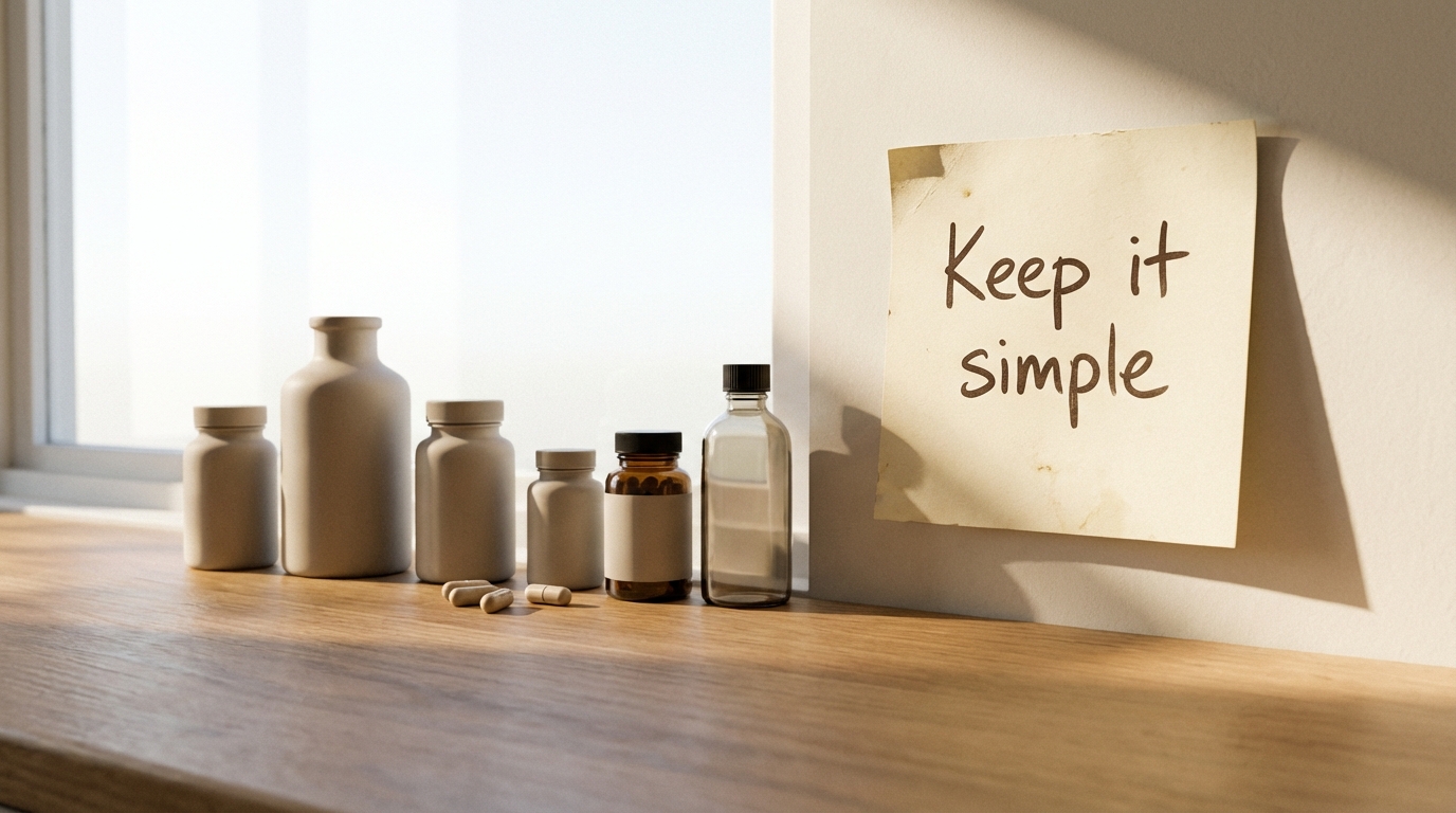 Minimal supplement lineup on counter with a handwritten note