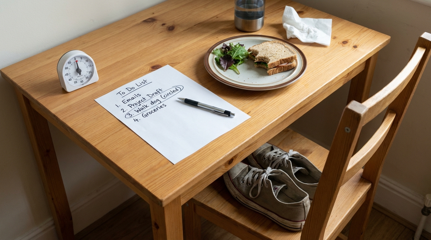 Timer and one circled task on a desk with walking shoes nearby