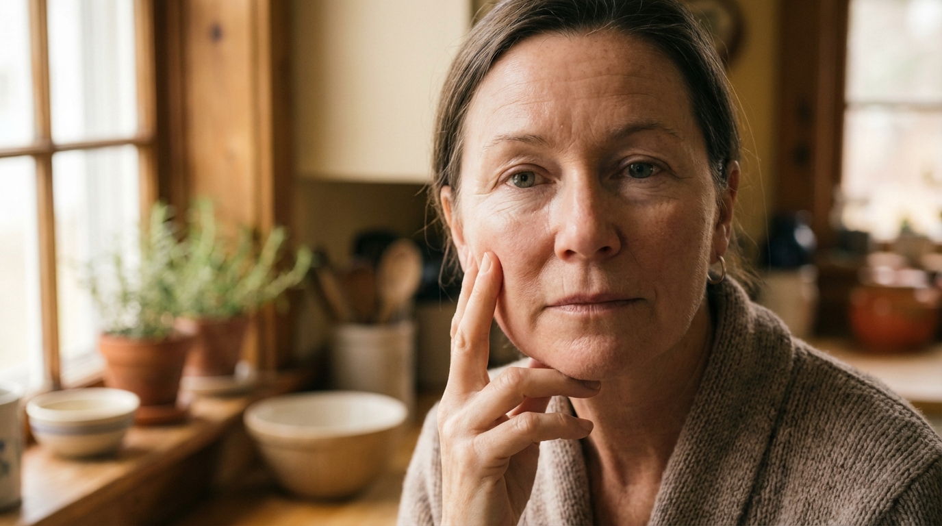 Woman gently touching cheek in window light