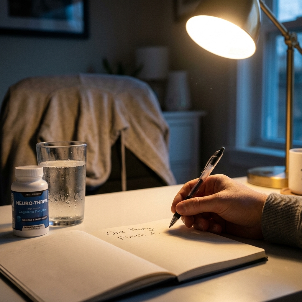 Neuro-Thrive bottle near a water glass on a warm-lit desk beside a “One thing” note