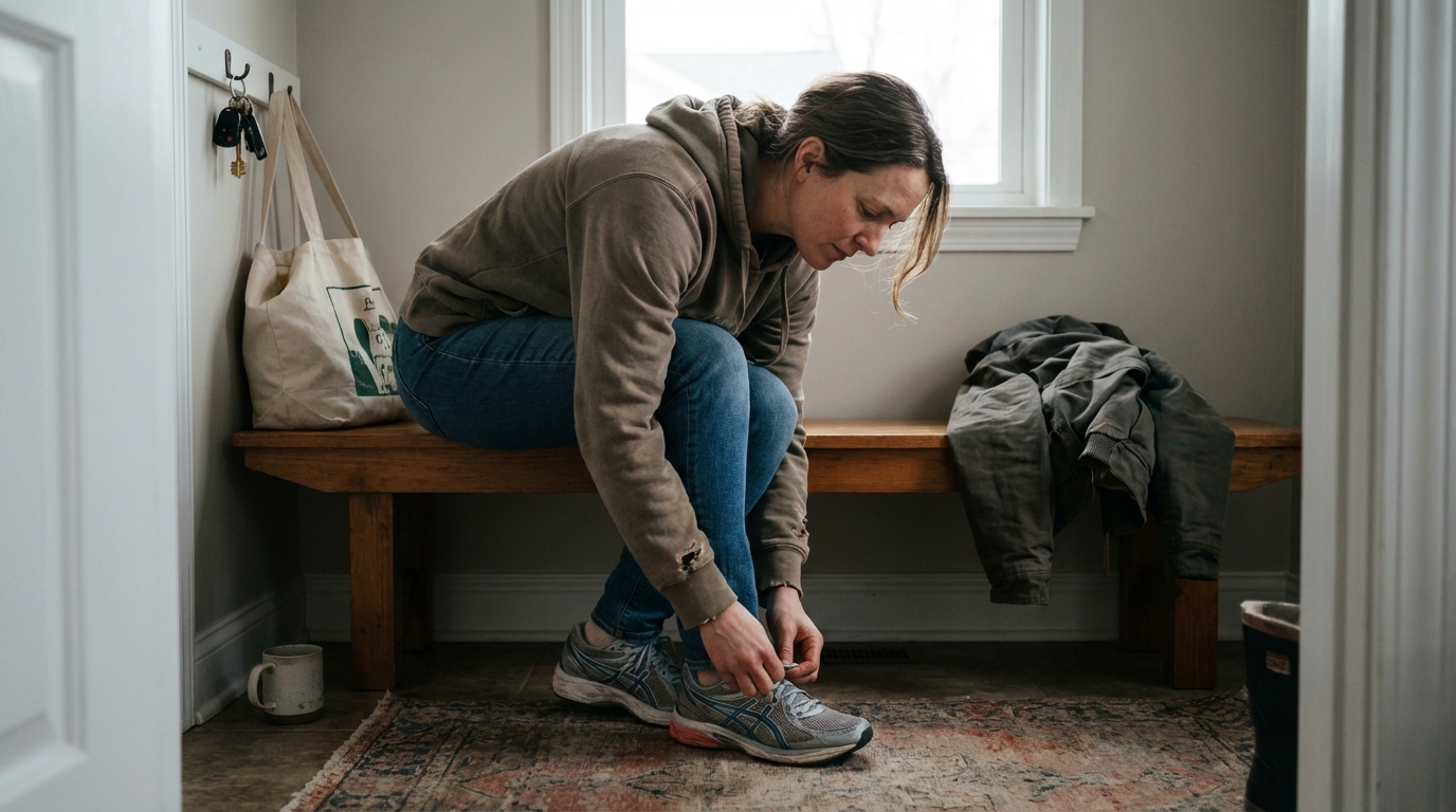 Midlife woman tying sneakers by the front door in morning light