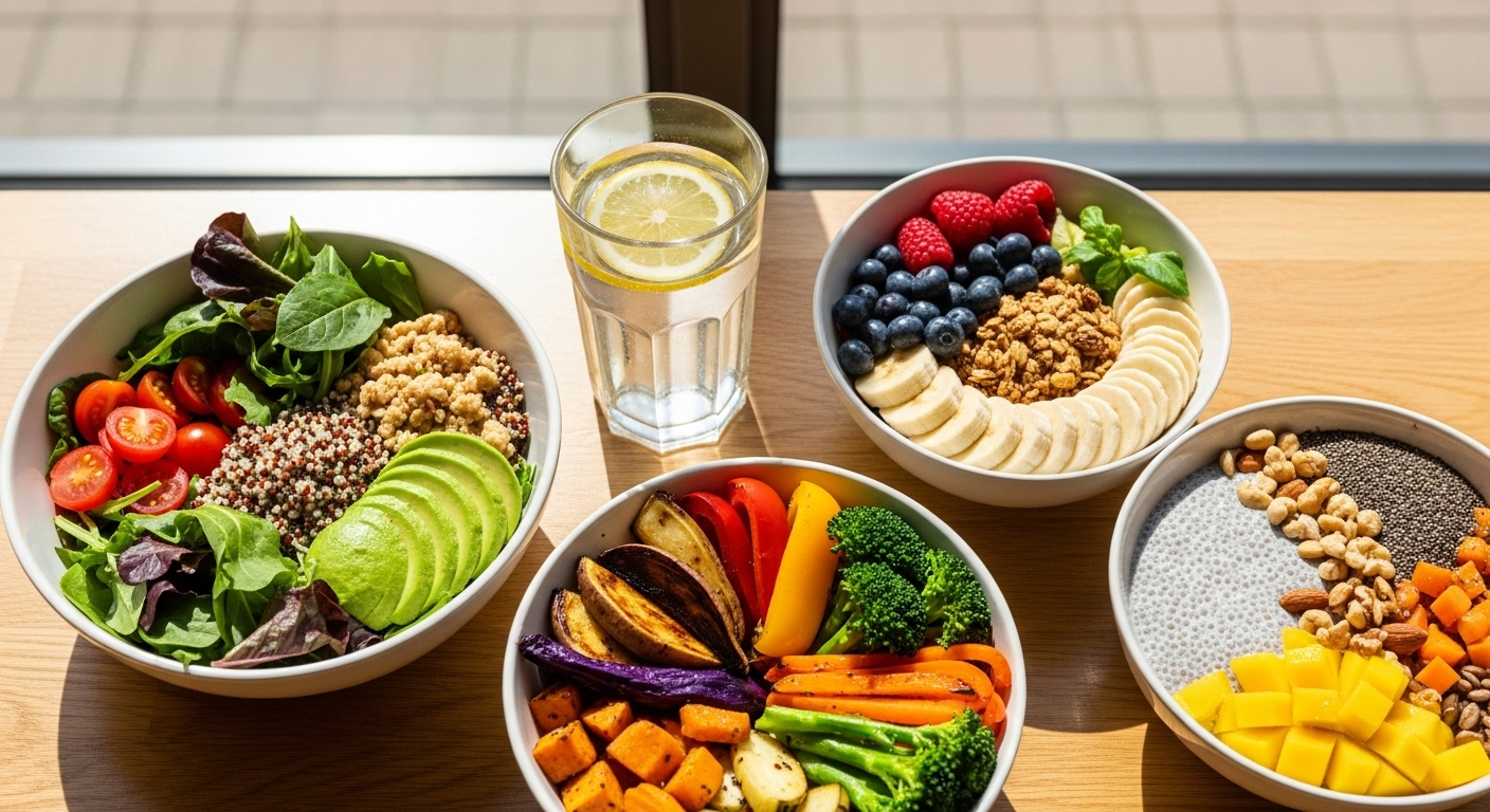 Sunlit table with water and simple whole foods suggesting steady brain energy