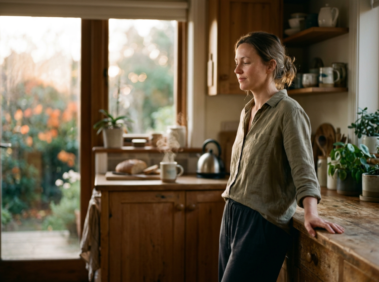 Person standing in soft morning light with a calm expression of relief and renewed energy