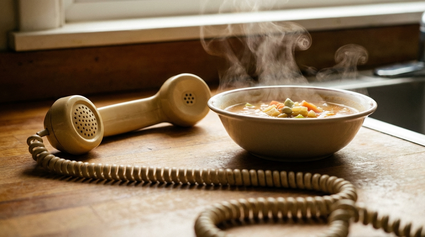 Corded phone near warm bowl of soup