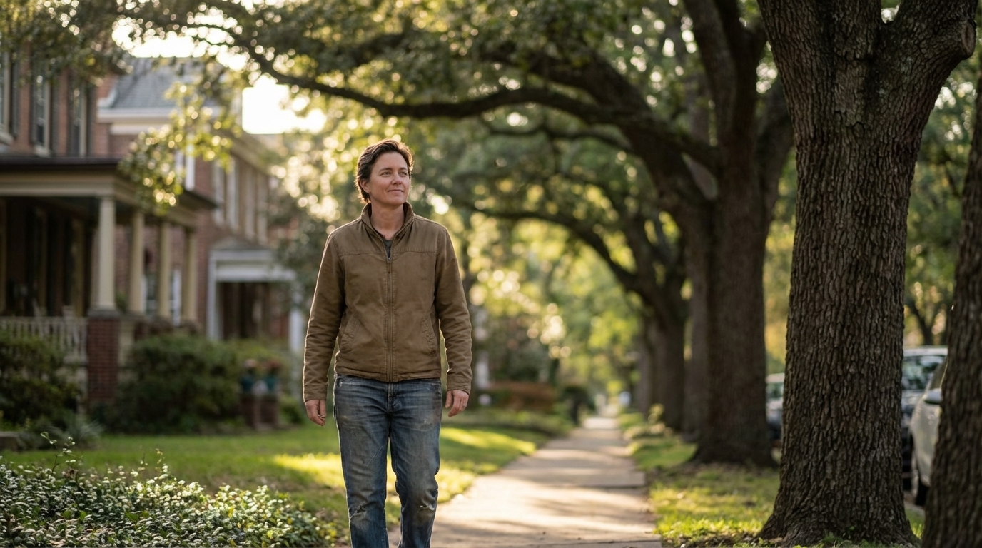 Person taking a gentle walk under trees as part of a calmer daily routine