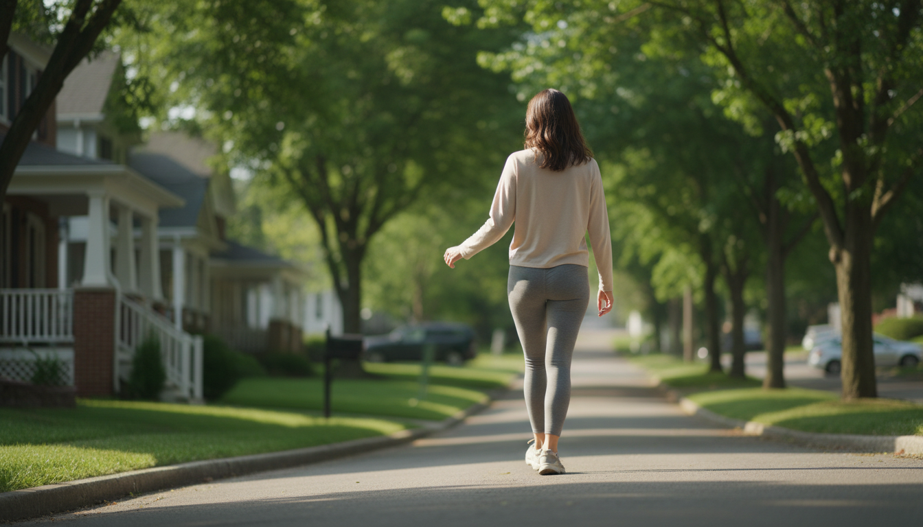 Person walking up a gentle hill in soft morning light with an easy stride.