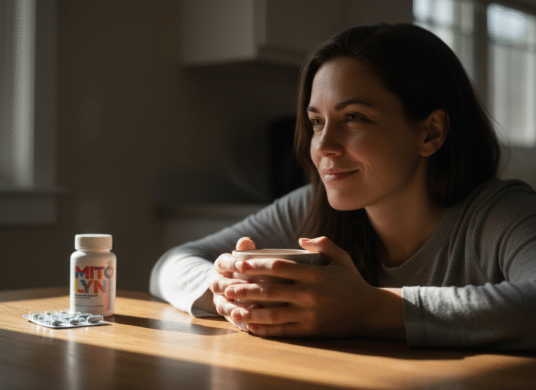 Close-up of a person cradling a warm mug in morning light, face soft with relief.