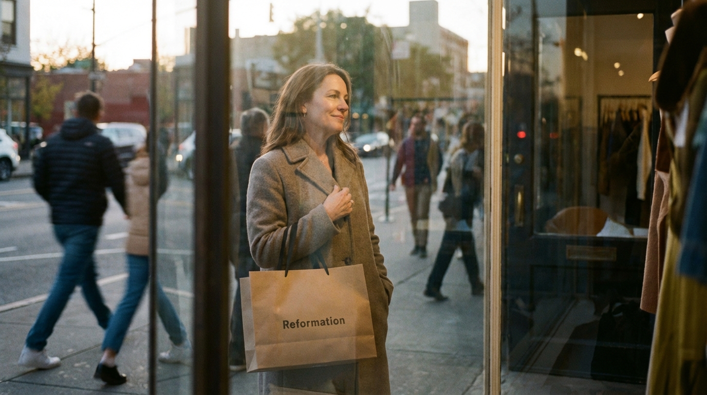 Woman pausing at storefront window reflection