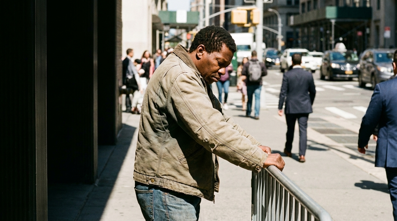 Tired person pausing on a sidewalk in midday light