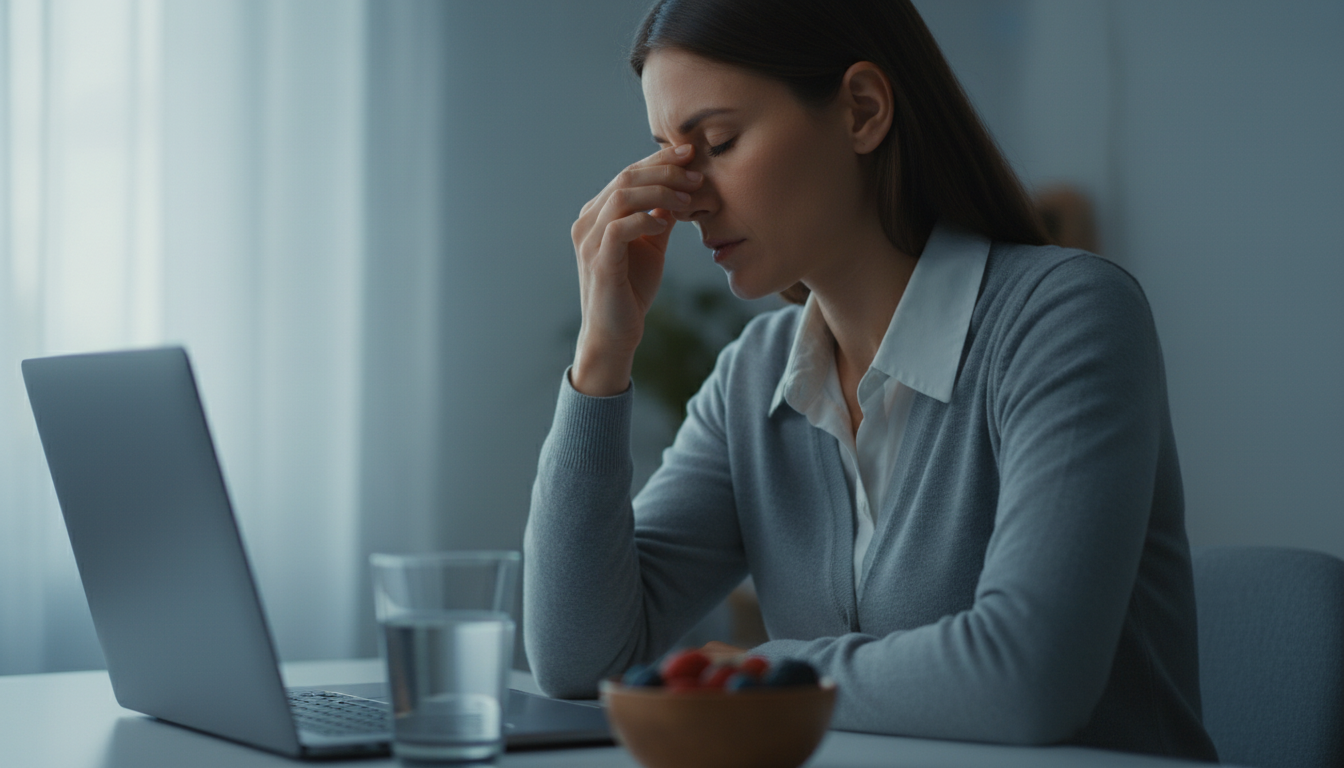 Tired person rubbing their eyes at a home desk