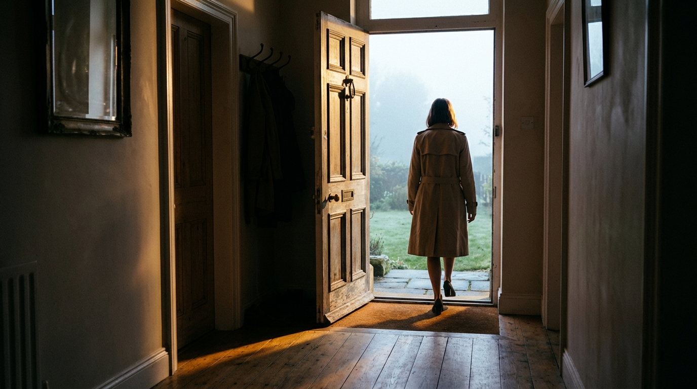 Woman stepping through open front door into bright morning light