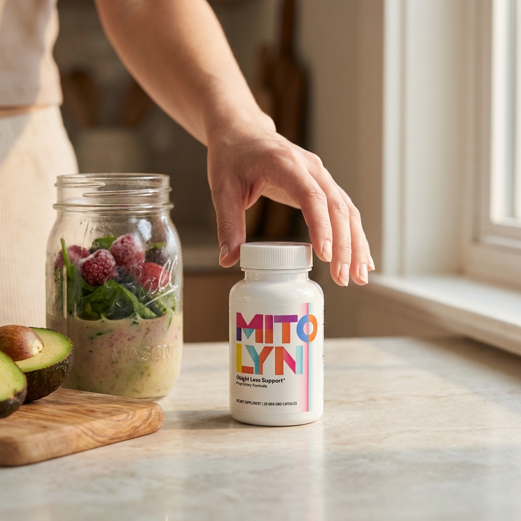 supplement bottle on kitchen counter beside morning smoothie