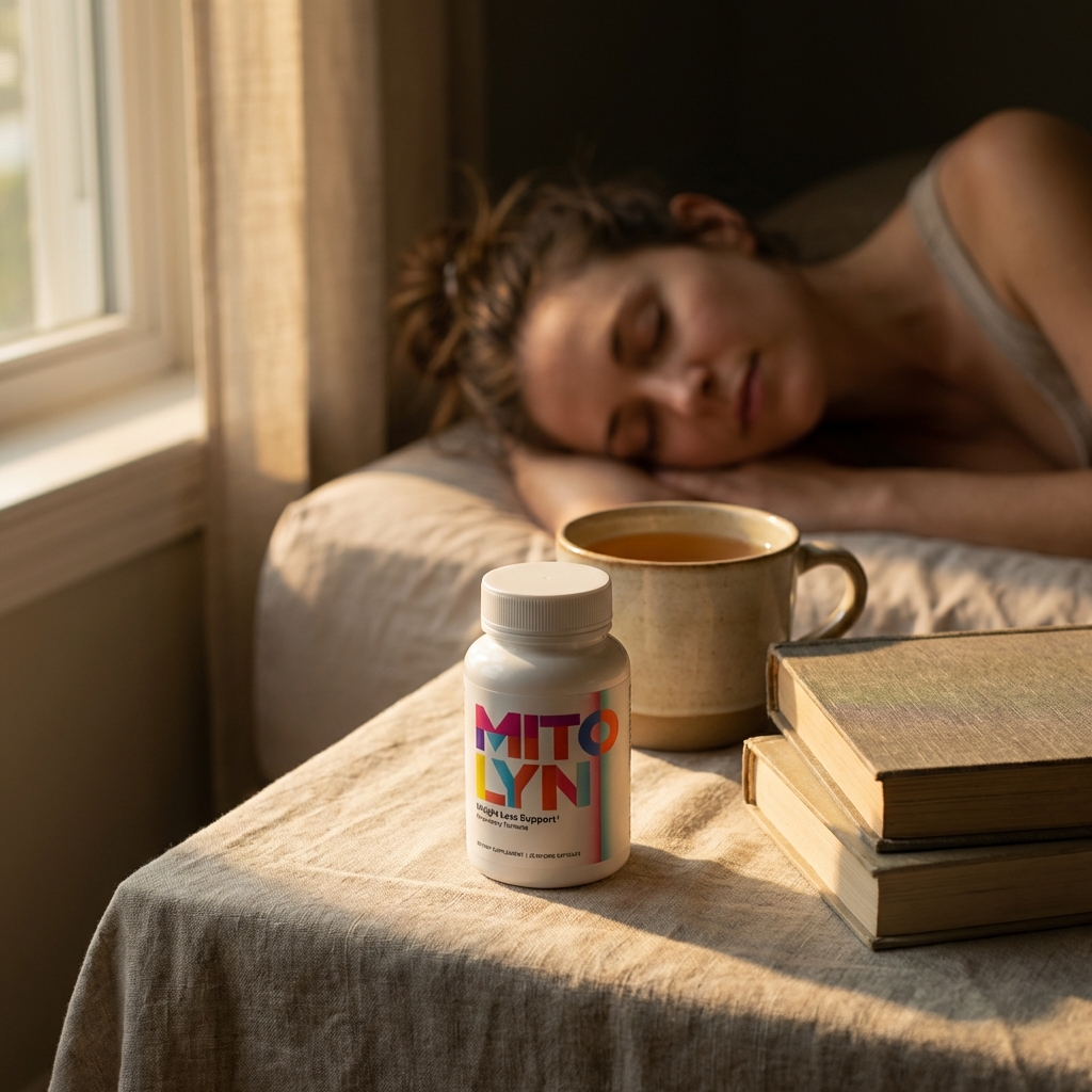 supplement bottle on bedside table in warm afternoon light